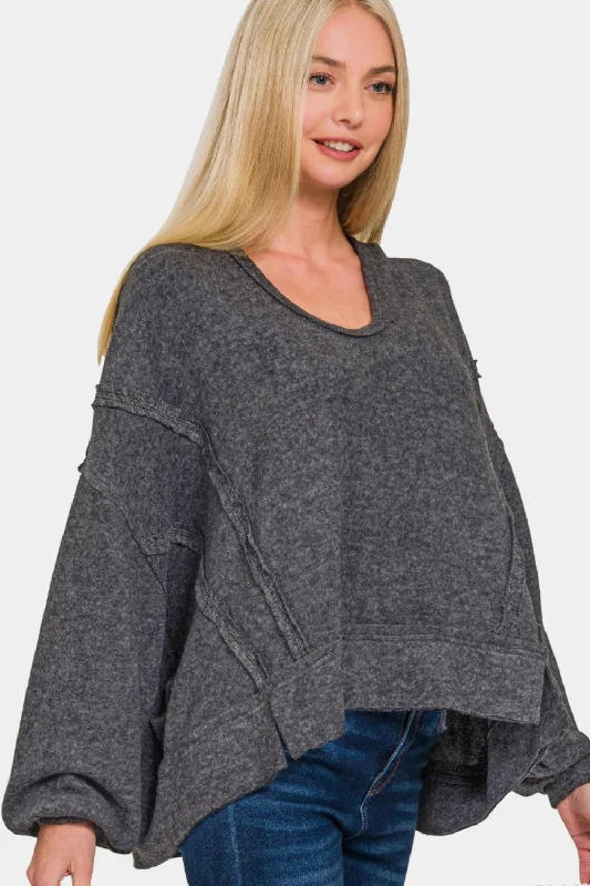 Women's Blouse with Three-Quarter SleevesBrushed Hacci Exposed Seam Hoodie