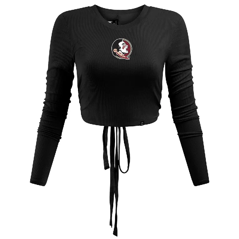 Women's Blouse with Shirt CollarHype & Vice Women's Seminole Logo Open Back Long Sleeve Top - Black Women's Blouse with Shirt CollarHype & Vice Women's Seminole Logo Open Back Long Sleeve Top - Black