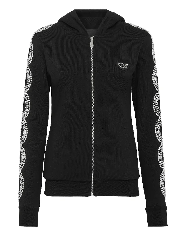 Women's Blouse with Boat CollarHoodie sweatshirt Full Zip Crystal Cable