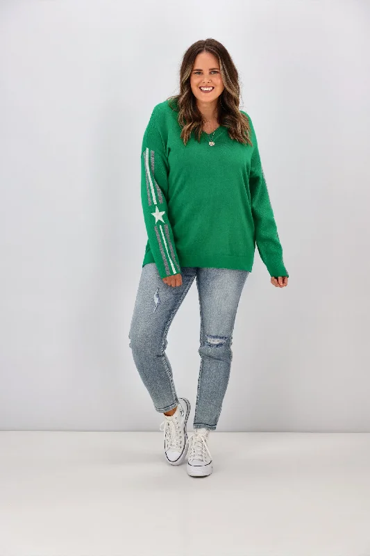 Women's Blouse with Sweetheart CollarShine On Label Micah Star Stripe Sleeve Jumper Emerald