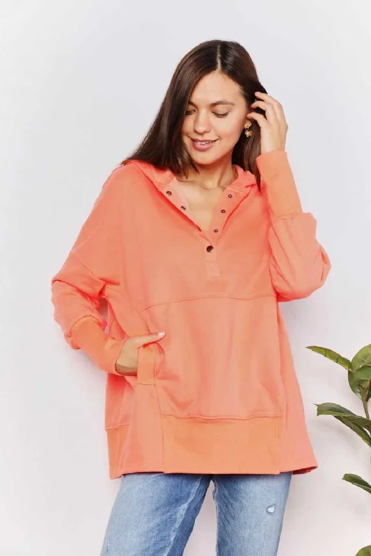 Women's Blouse with V-Shaped CollarQuarter-Snap Dropped Shoulder Hoodie