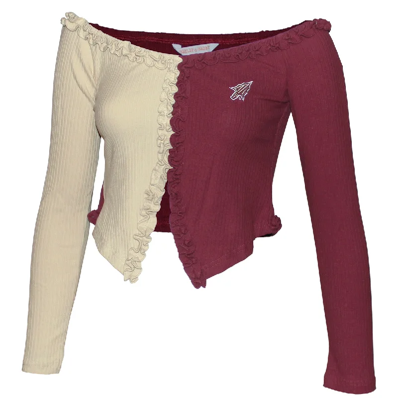 Women's Blouse with Lapel CollarEmerson Street Women's Arrowhead Logo Ribbed Long Sleeve Off the Shoulder Crop - Garnet/Gold