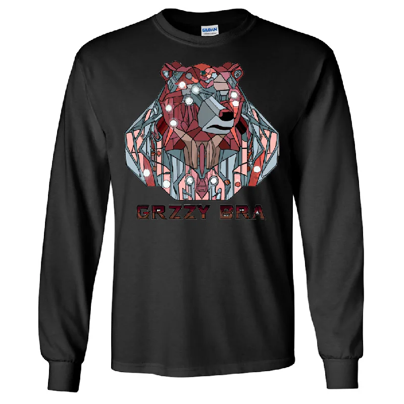 Women's Cotton BlouseStained Glass Cyborg Grizzly Bear GRZZY BRA Long Sleeve Shirt