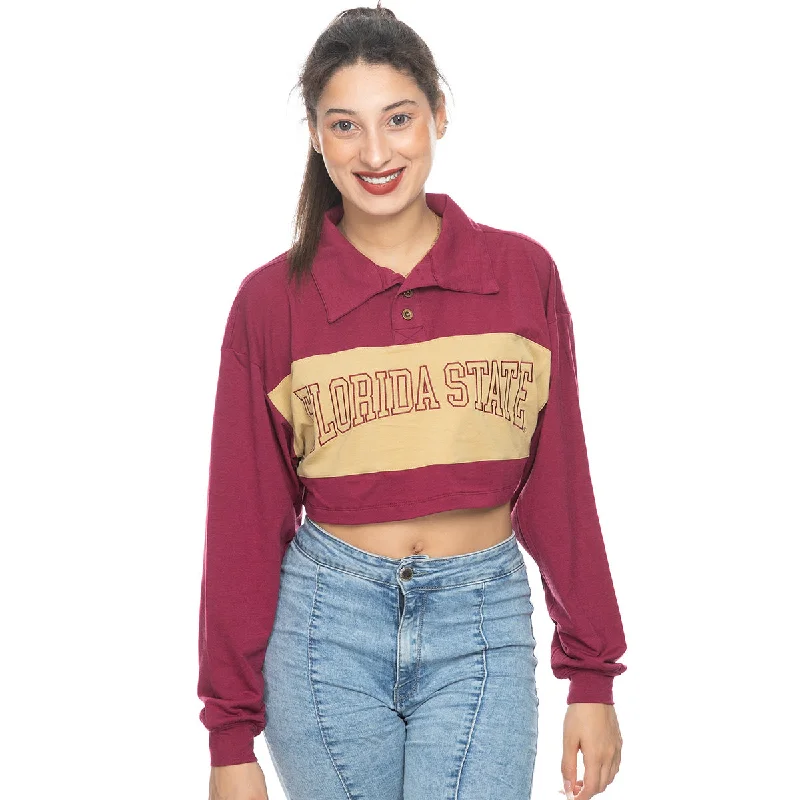 Women's Blouse with Lapel CollarZooZatz Women's Florida State Long Sleeve Rugby Crop - Garnet/Gold Women's Blouse with Lapel CollarZooZatz Women's Florida State Long Sleeve Rugby Crop - Garnet/Gold