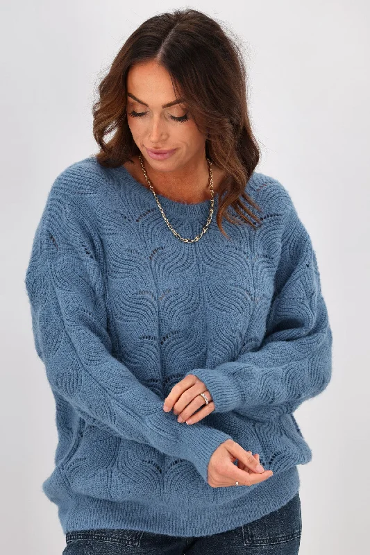 Women's Blouse with Shawl CollarShine On Label Marisol Pointelle Jumper Blue