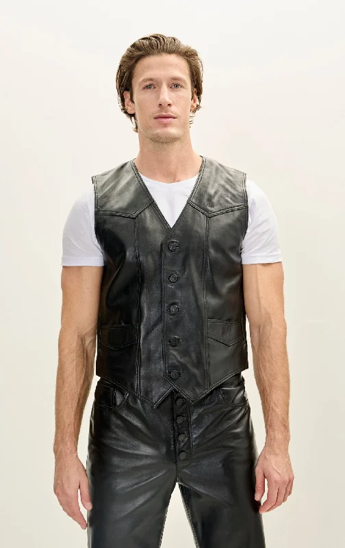 men's denim jacket with distressed detailingClassic Club Style Leather Vest - Black