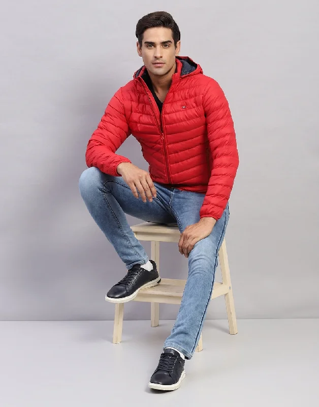 men's lightweight padded jacketMen Red Solid Hooded Full Sleeve Jacket