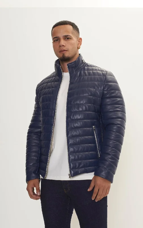 men's insulated winter coatLambskin Leather Puffer Jacket - Navy
