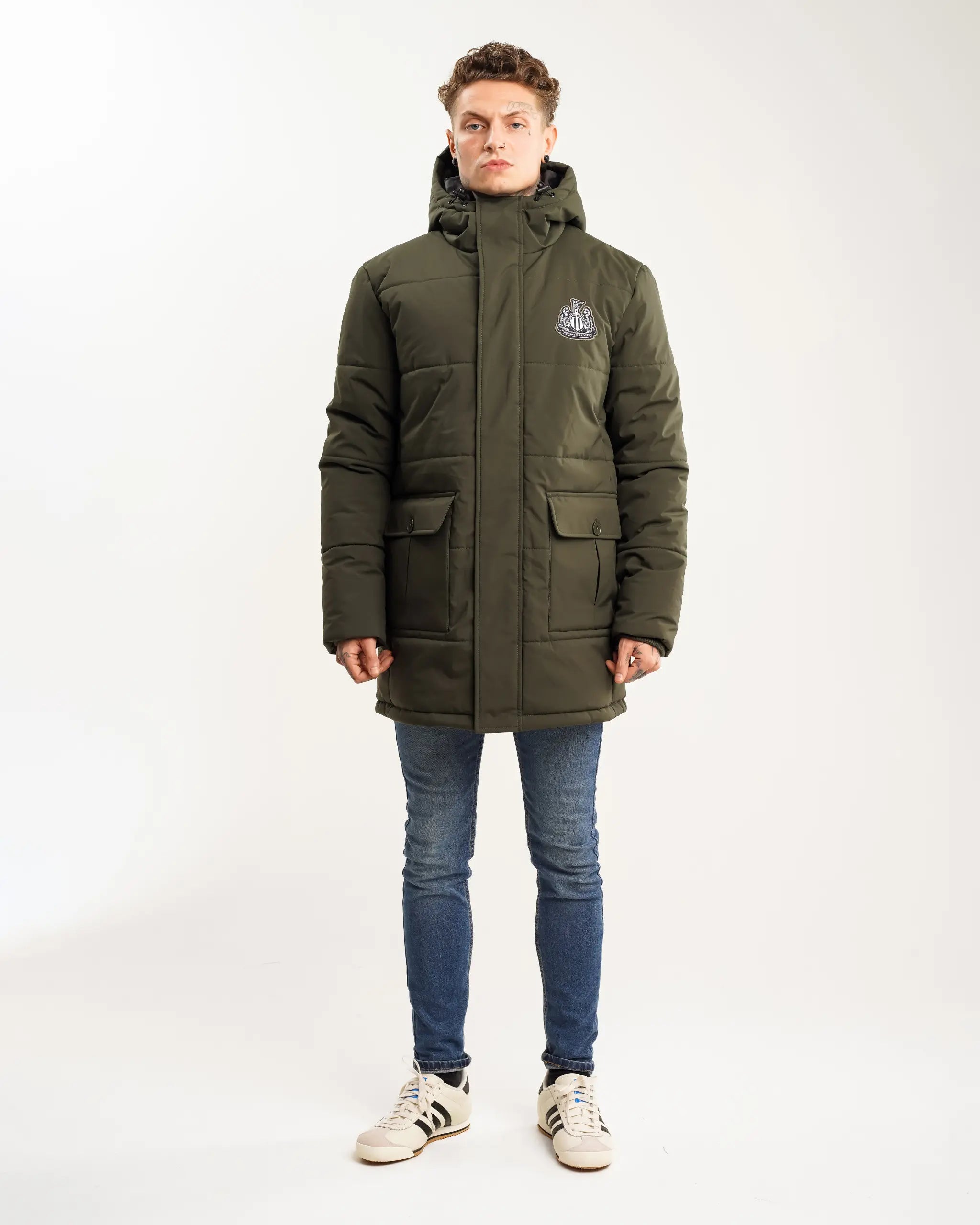 men's winter parka with hoodNewcastle United Men's Khaki Long Line Padded Jacket (Stadio)