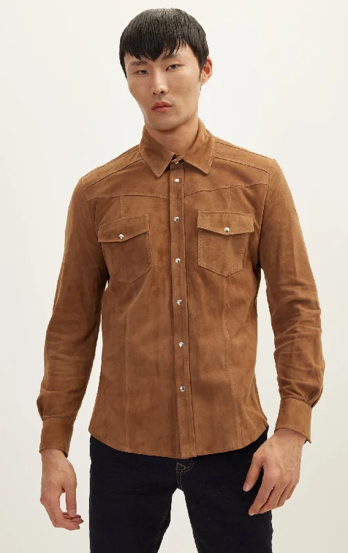 men's trench coat with adjustable cuffsGenuine Suede Leather Fitted Shirt - Camel