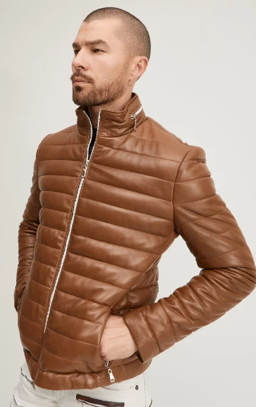 men's winter parka with hoodLambskin Leather Puffer Jacket - Brown