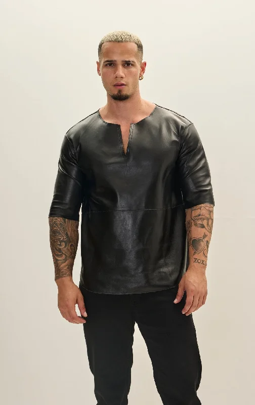 men's leather jacket for motorcycle ridingThe Lambskin Leather Three Quarter V Neck Shirt - Black