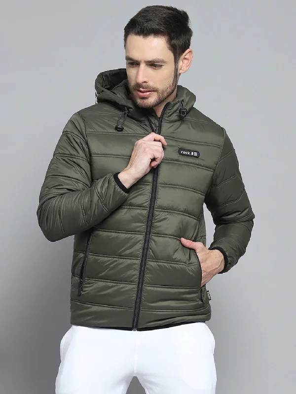 men's parka coat with pocketsMen Olive Printed Hooded Full Sleeve Jacket