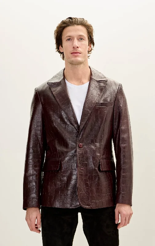 men's peacoat with internal pocketsClassic Peak Lapel Leather Blazer - Burgundy Embossed