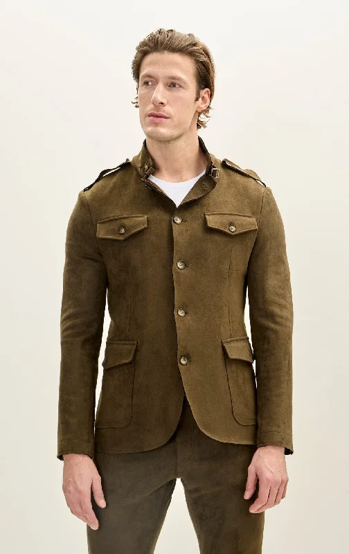 men's wool coat with leather sleevesMicrosuede Lightweight Safari Jacket - Khaki