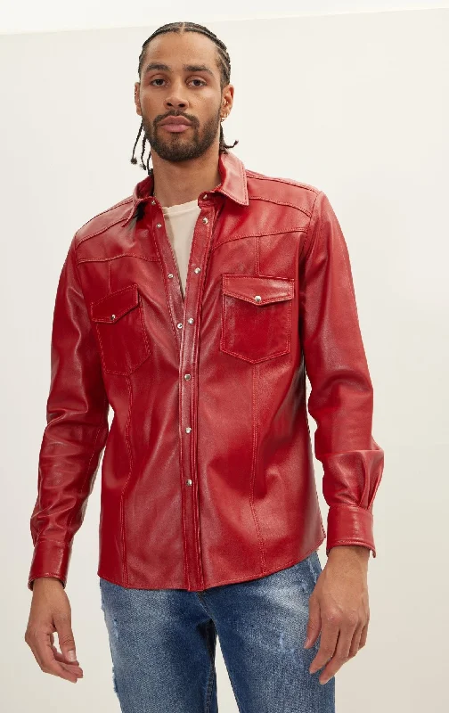 men's leather jacket with snap-front closureGenuine Lambskin Leather Shirt - Red