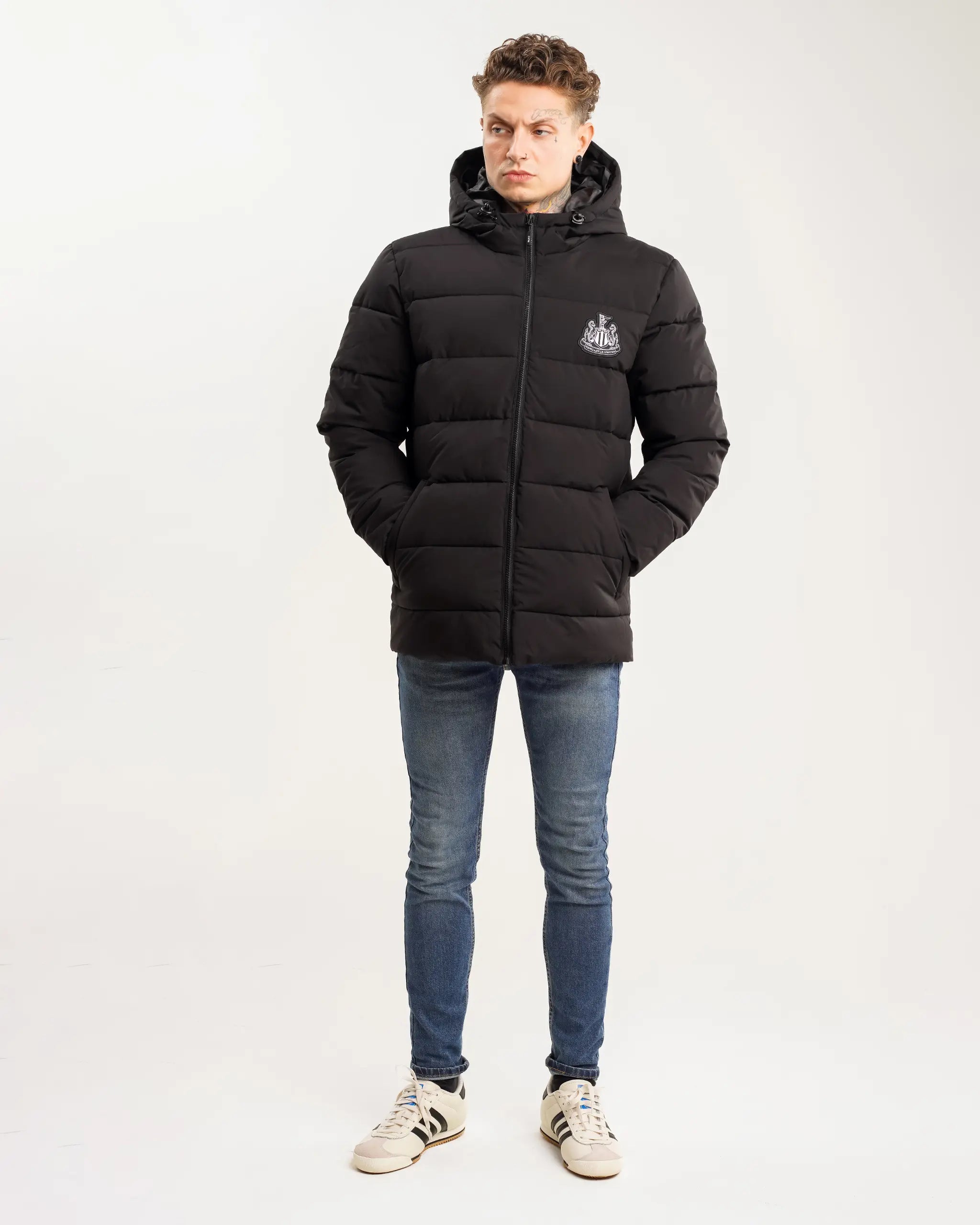 men's bomber jacket with chest pocketsNewcastle United Men's Black Short Puffer Jacket