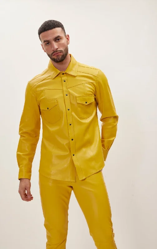 men's varsity jacket with lettersGenuine Lambskin Leather Shirt - Yellow