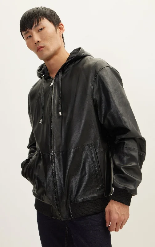 extra-large men's denim jacketGenuine Leather Hooded Sweatshirt - Black