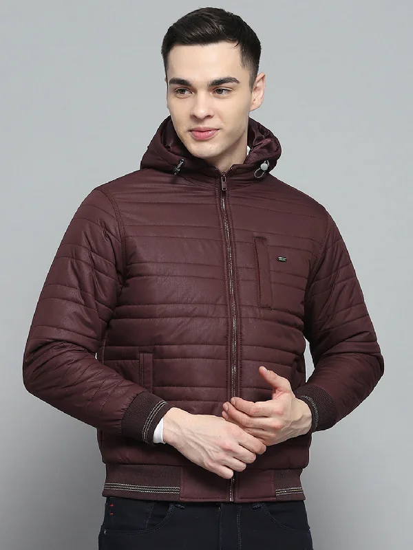 men's denim jacket with distressed detailingMen Maroon Solid Hooded Full Sleeve Jacket