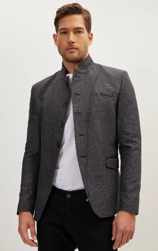men's distressed leather jacketSymmetric Button Closure Jacket - Anthracite