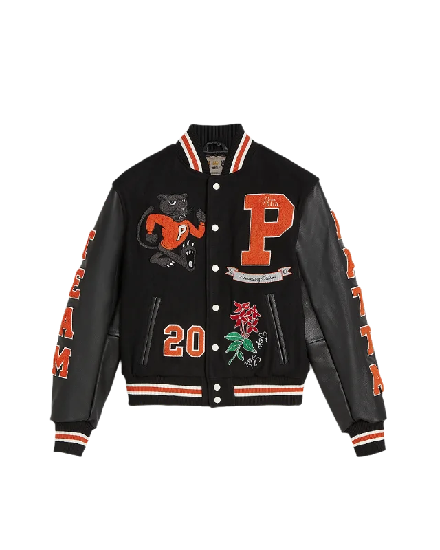 men's peacoat with beltPatta 20th Anniversary Varsity Jacket (Black)