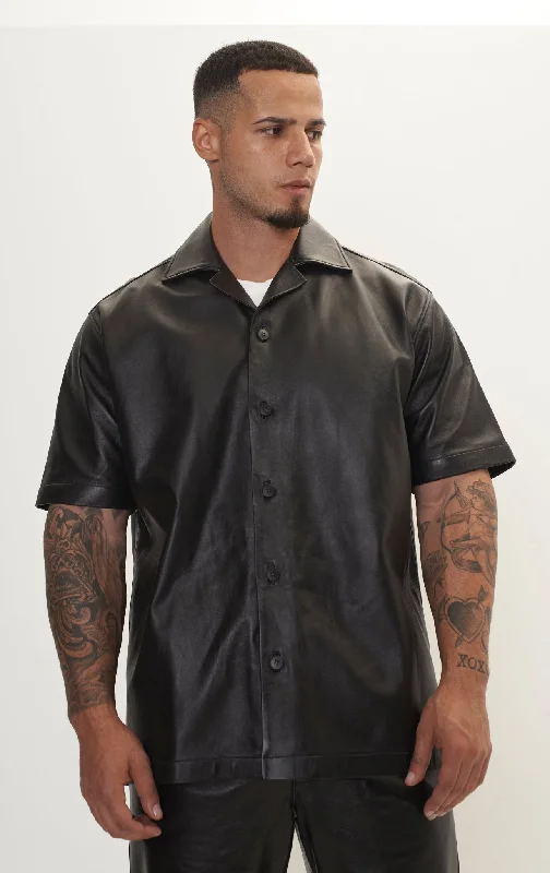 men's peacoat with patch pocketsShort Sleeve Leather Shirt Jacket - Black