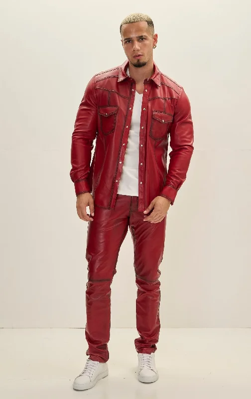 men's trench coat with adjustable cuffsGenuine Lambskin Leather Shirt - Red Tint