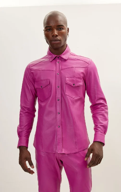 men's leather jacket with pockets and zippersGenuine Lambskin Leather Shirt - Fuchsia