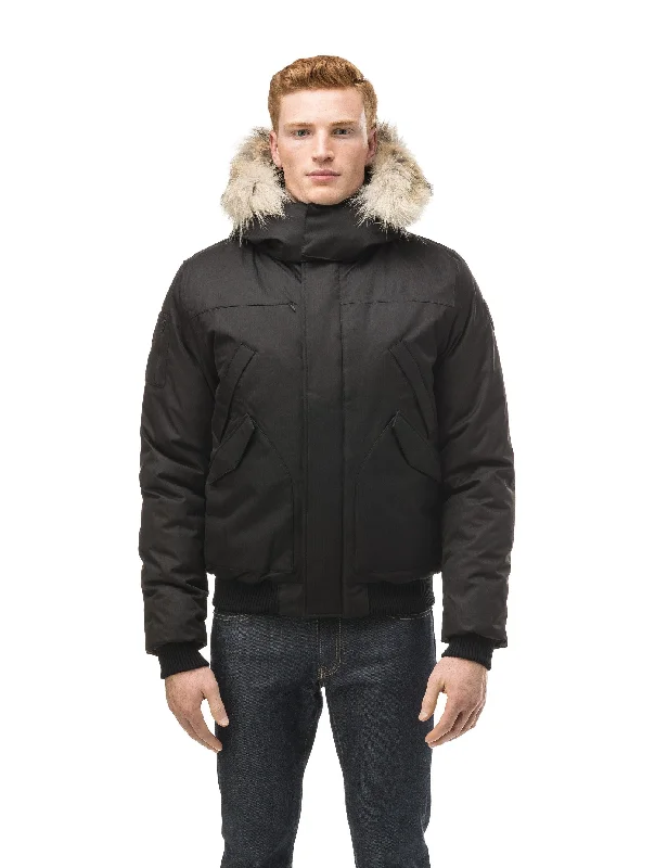 men's denim jacket with patchesDylan Men's Hooded Bomber Jacket