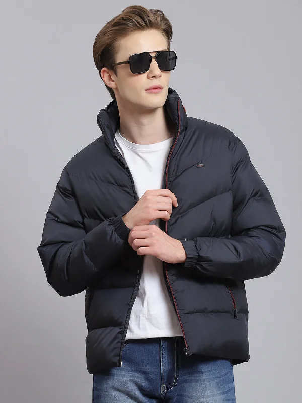 men's casual leather jacket with pocketsMen Navy Blue Solid Hooded Full Sleeve Jacket