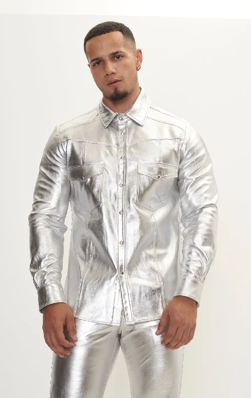 men's padded coat for cold weatherGenuine Lambskin Leather Shirt - Silver