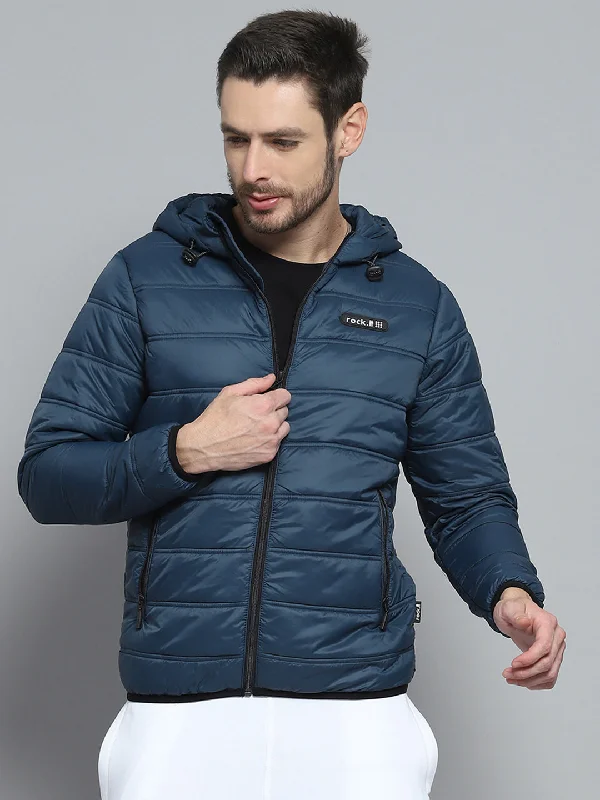 men's leather jacket with snap-front closureMen Blue Printed Hooded Full Sleeve Jacket
