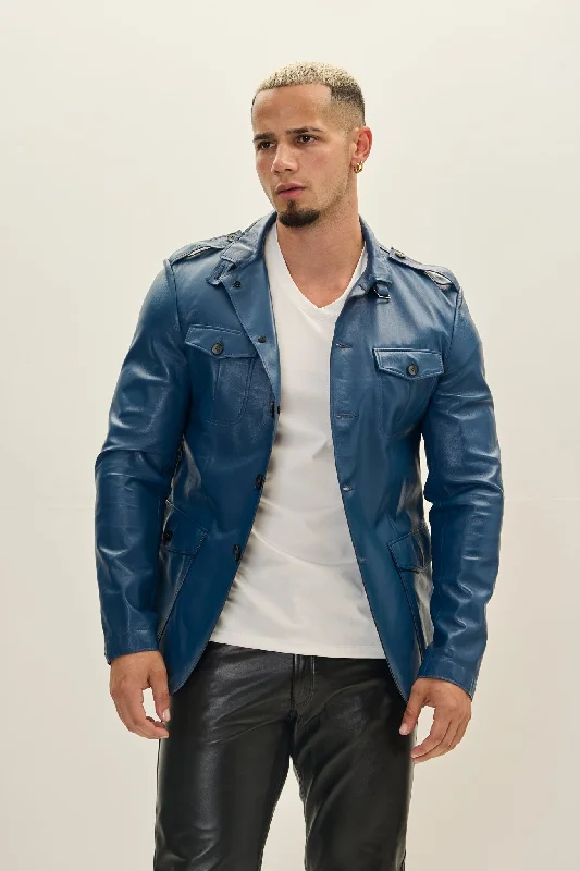 men's quilted vest jacketLeather Safari Jacket - Blue