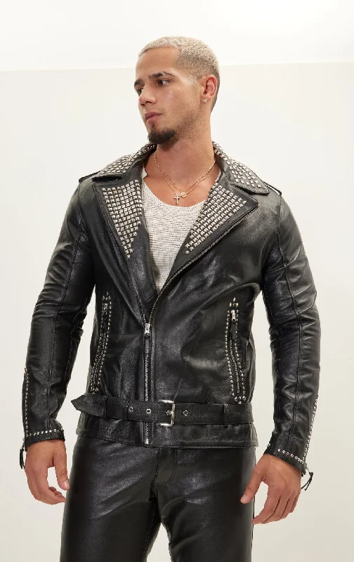 men's quilted winter jacketStudded Lambskin Leather Jacket - Black Silver