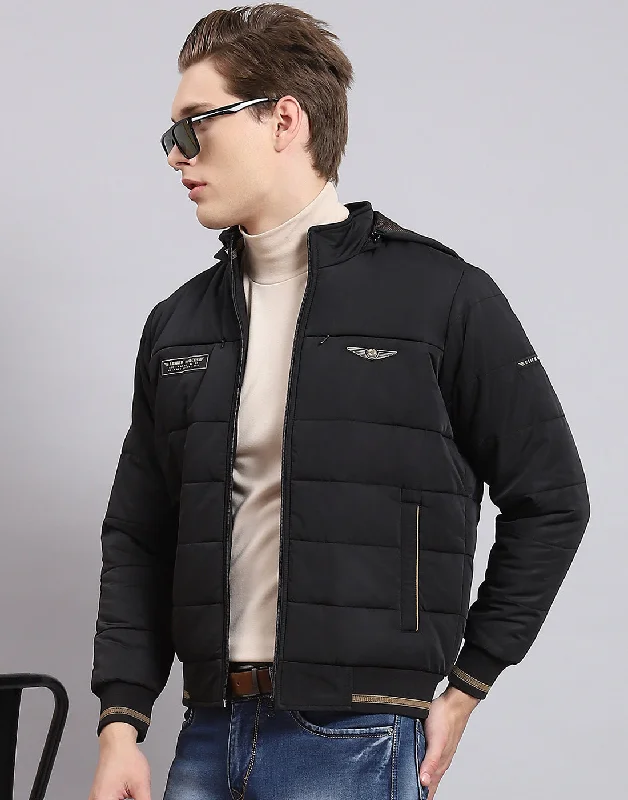 men's hooded bomber jacketMen Black Solid Hooded Full Sleeve Jacket