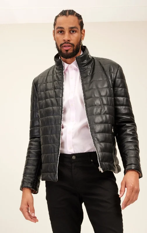 men's insulated parka for skiingLambskin Leather Puffer Jacket - Black
