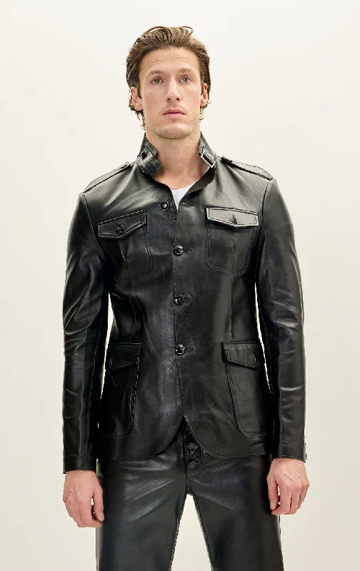 men's tailored blazer with ventGenuine Leather Safari Jacket - Black