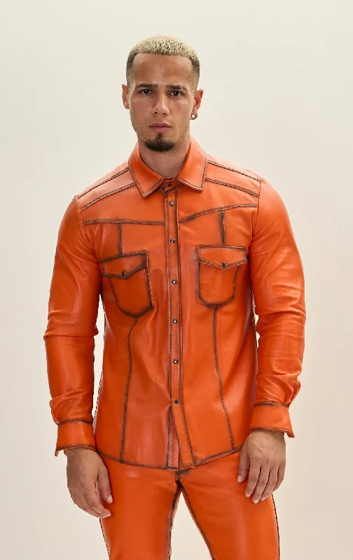 men's bomber jacket with fur liningGenuine Lambskin Leather Shirt - Orange Tint