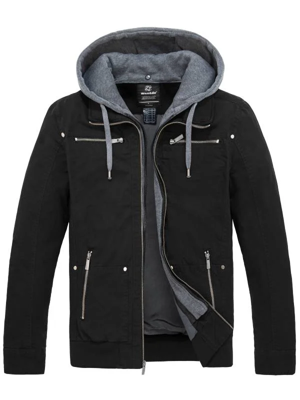 men's denim jacket with rip and repairMen's Lightweight Cotton Jacket Military Jacket Casual Windbreaker with Removable Hood