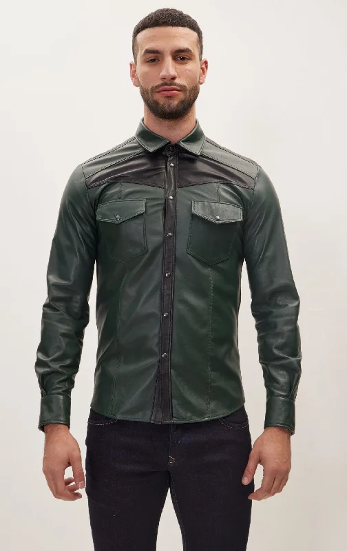 men's leather jacket with quilted liningGenuine Lambskin Leather Shirt -Green Black