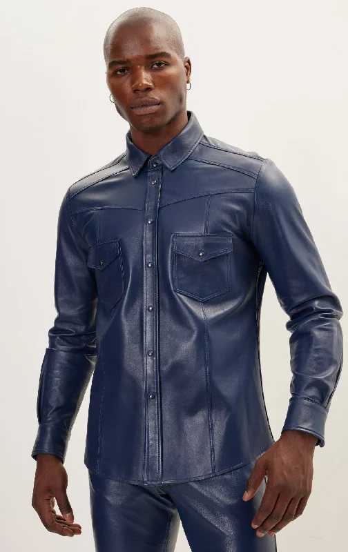 men's padded hooded coatGenuine Lambskin Leather Shirt - Navy
