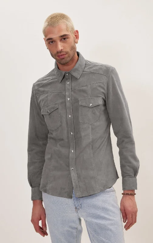 men's padded hooded coatGenuine Suede Leather Fitted Shirt - Grey