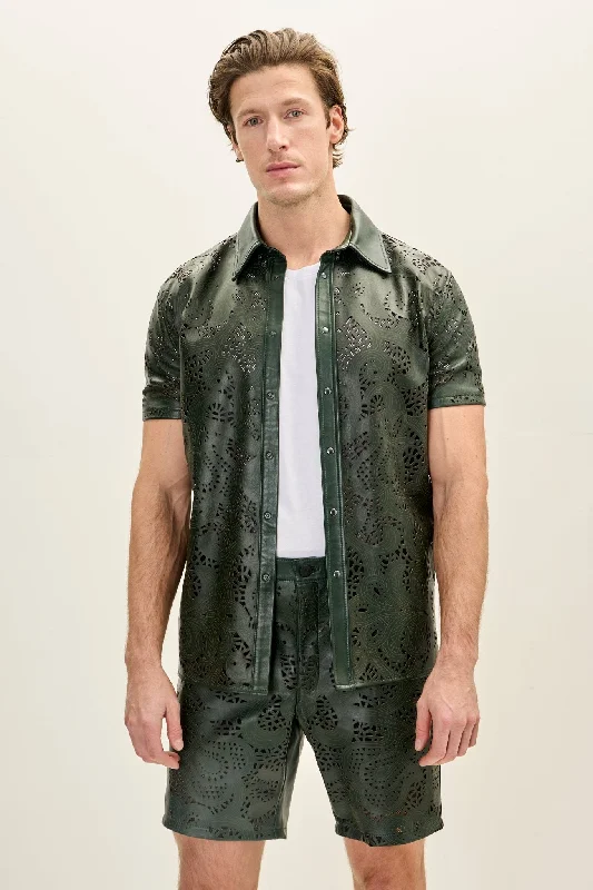 men's casual bomber jacketCut-out & See-through Leather Shirt - Green