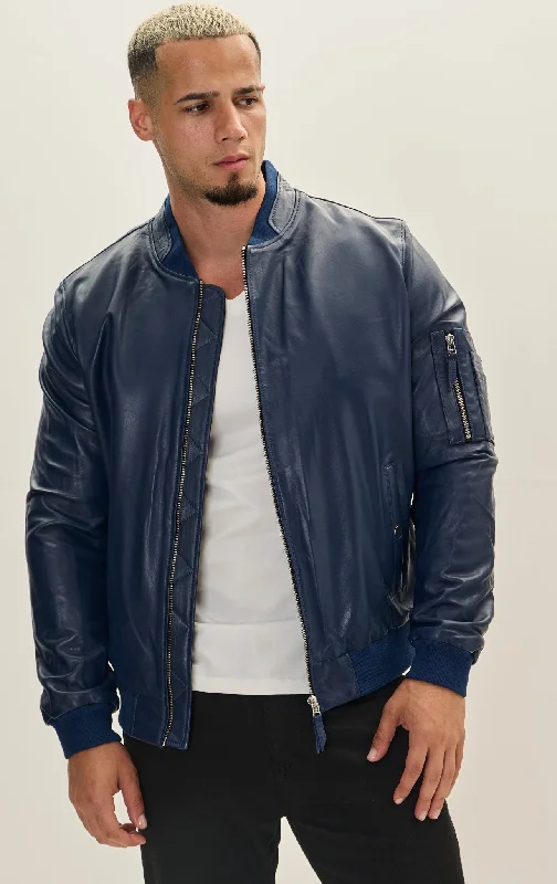 men's distressed leather jacketGenuine Leather Bomber Jacket - Navy