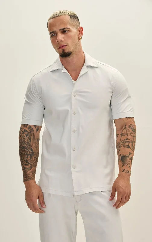 men's casual leather bomber jacket with fur liningShort Sleeve Leather Shirt Jacket - White