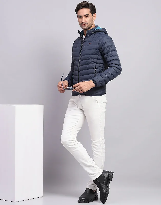 men's lightweight down jacketMen Navy Blue Solid Hooded Full Sleeve Jacket