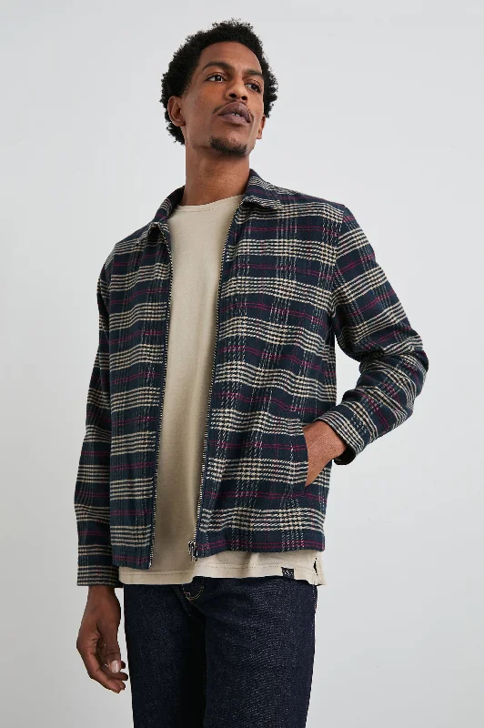 men's denim jacket with leather patchesJAQUE SHIRT JACKET - GILDED NAVY CRIMSON