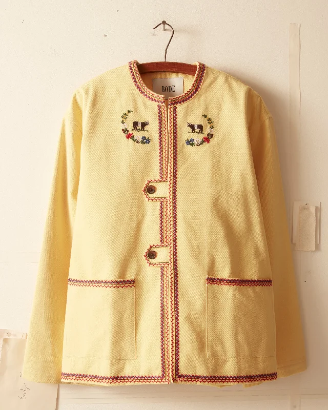 men's denim jacket with patchesEmbroidered Cow Jacket