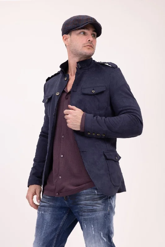 men's denim jacket with leather patchesMicrosuede Lightweight Safari Jacket - Navy